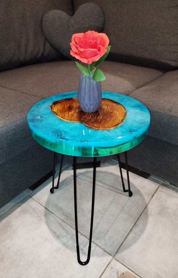 Tabouret/table ronde en résine époxy et bois